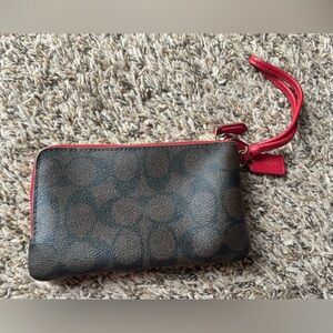 Coach Signature Brown Wristlet with Red Accents